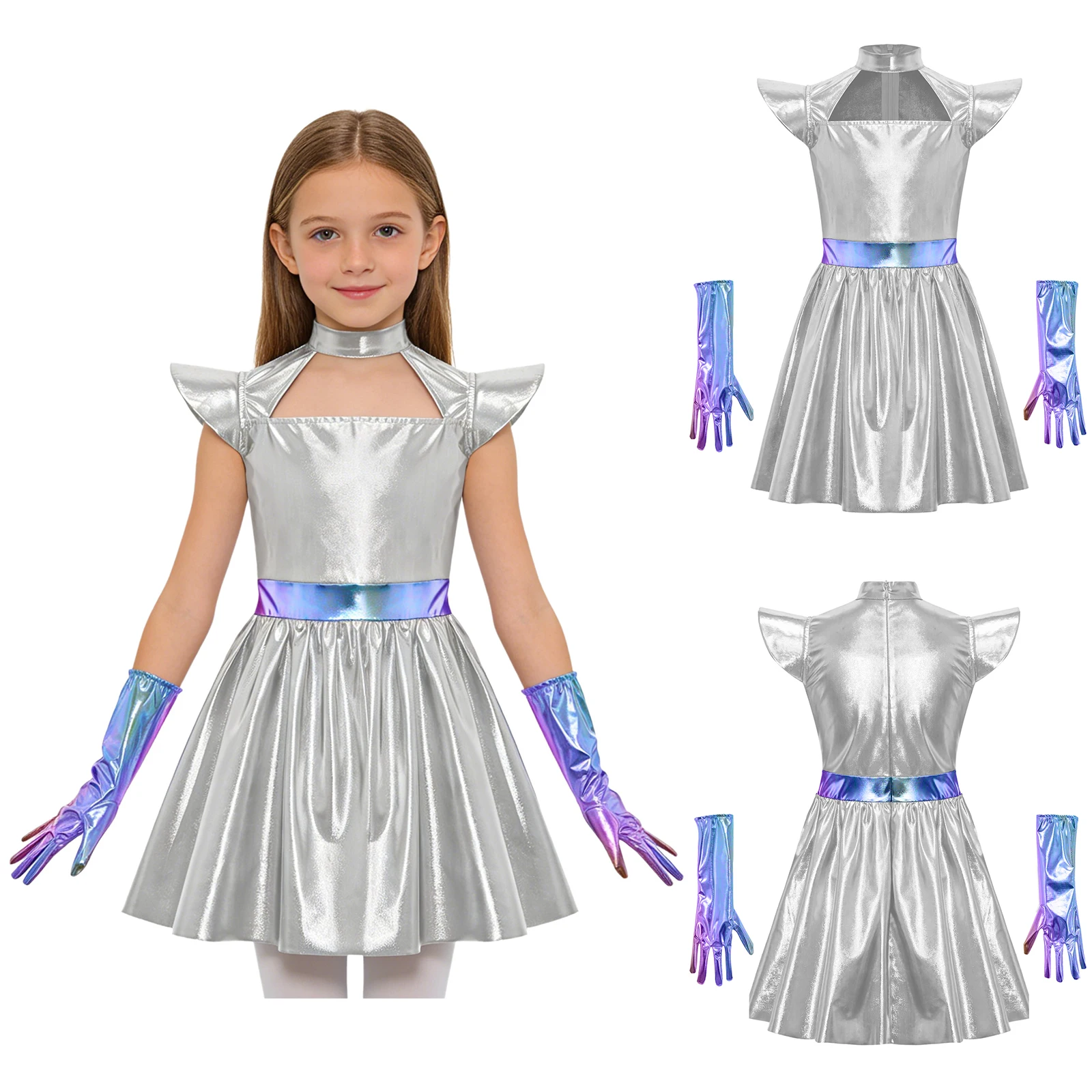 

Костюм для девочек: Космонавт, Робот, Воин Галактики, Металлическое блестящее платье на молнии с перчатками для Хэллоуина и косплей-вечеринок