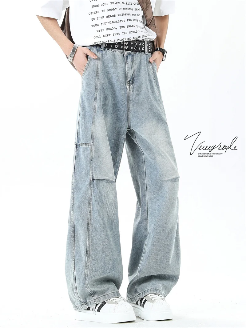 

Мужские джинсы American Style Distressed Washed Denim: модные зимние широкие брюки в винтажном стиле, повседневные, длиной в пол
