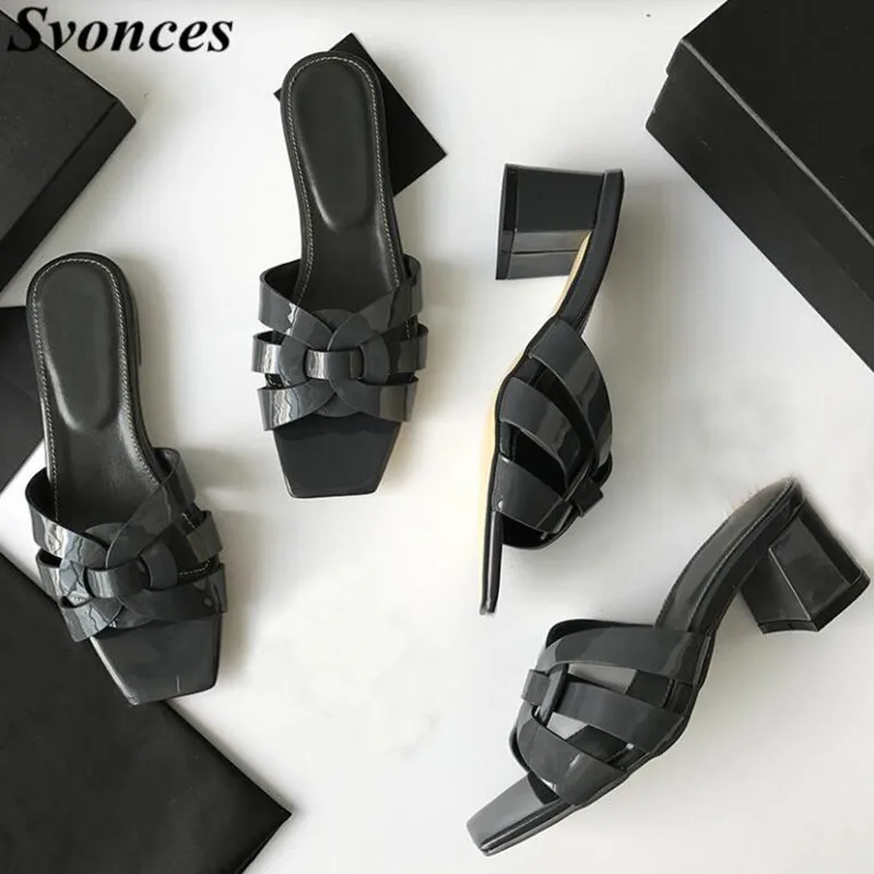 Berdecia 2019 Summer Genuine Leather Women Slide Tribute Gladiator Sandals Woman Chunky Heels Woven Flat Silppers Sandales Femme