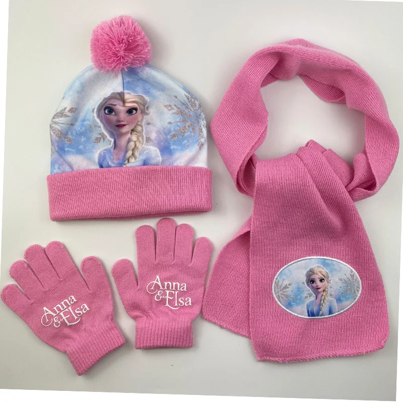 Disney Elsa and Anna Scarf Hat and Glove 3Sets Mickey Accessories Winter Keep Warm Knitting Woolen Yarn Frozen Head Cap for Kids