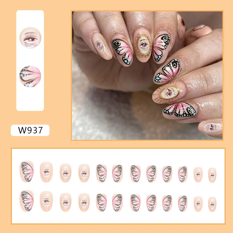 

24pcs Halloween Press-On Nails - Mystic Eyes & Vintage Butterflies Medium Oval Shape (Multi Sizes) False Nail For Women Girl