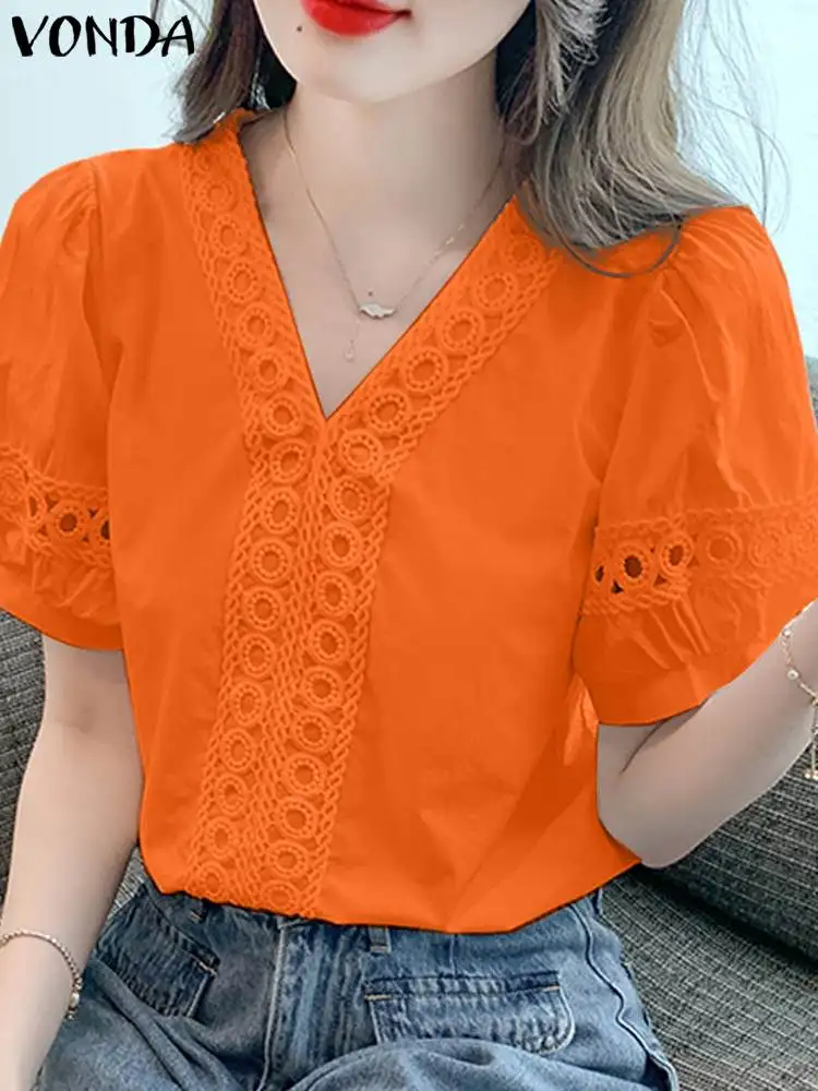 Fashion Shirts VONDA Casual V Neck Tops Elegant Solid Color OL Fashion Blouse 2024 Short Sleeve Tunic Loose Blusas Oversized