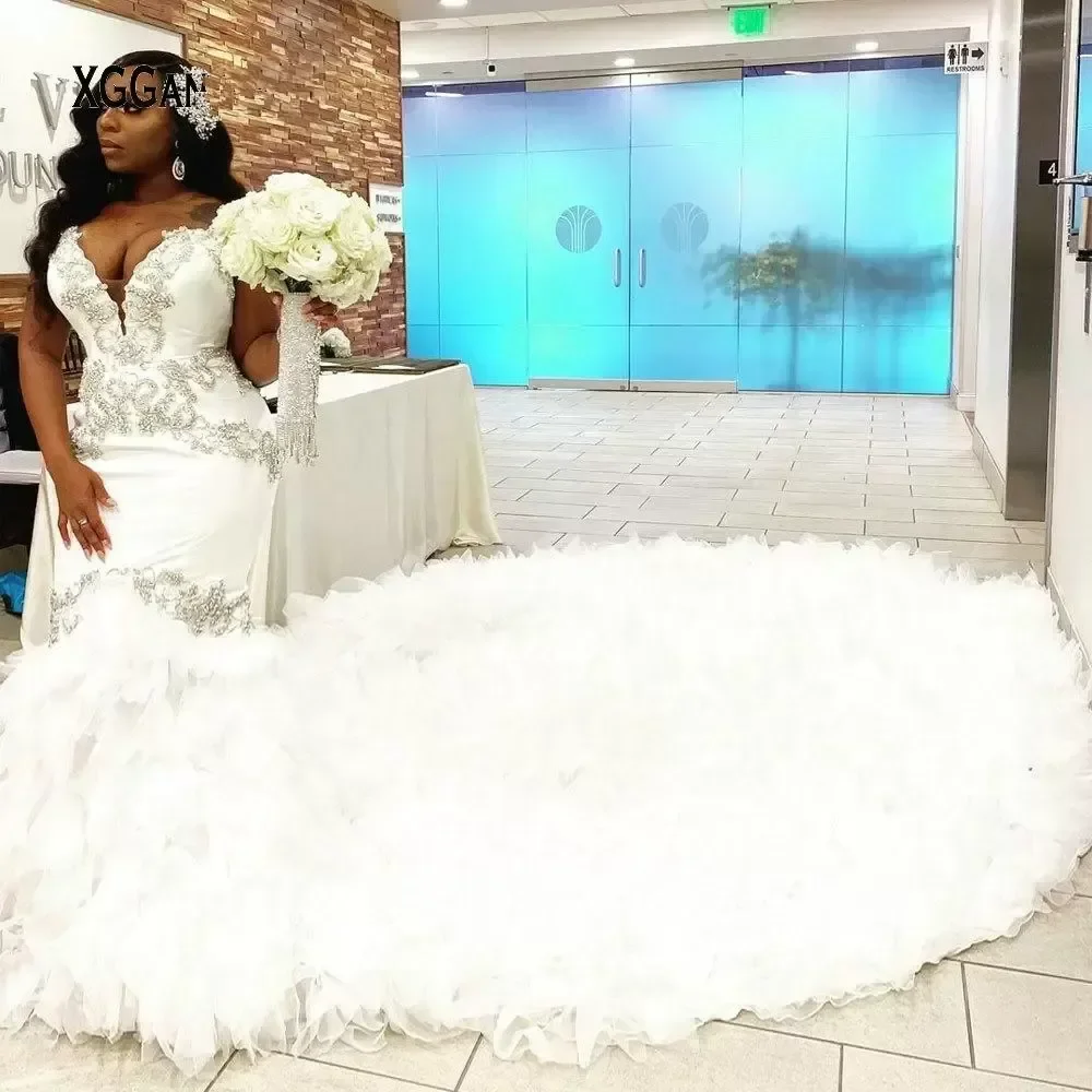 

Customized Sweetheart Ruffled Royal Train Black Bride Dress Beading Formal Bridal Gown Plus Size African Mermaid Wedding Dresses