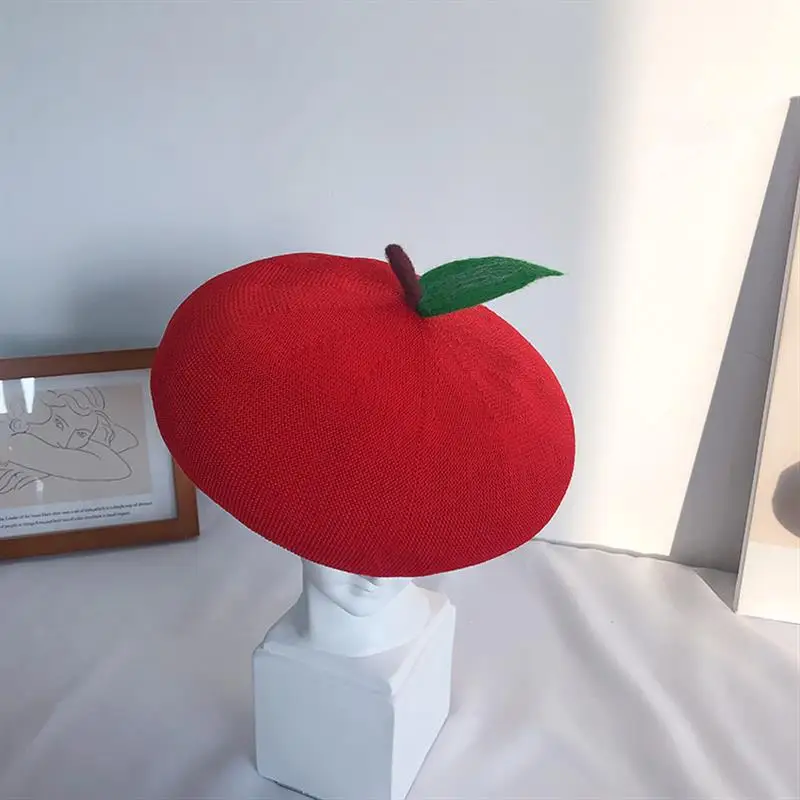 Adult Red Apple Spring Auntumn Breathable Knit Beret Fruit Painter Hat Female Bonnet ﻿Creative Gift