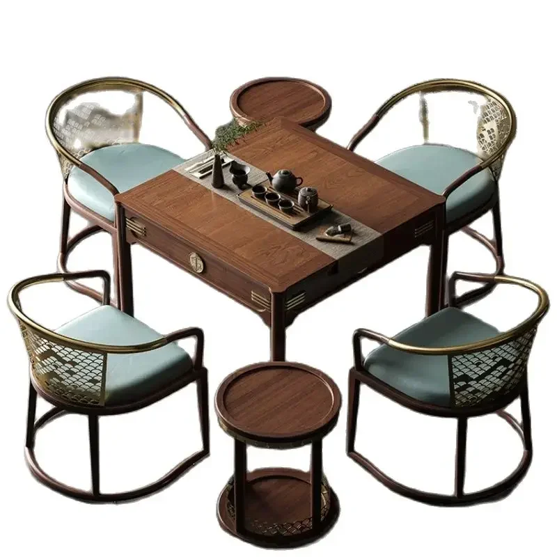 ~Y  Golden Sandalwood Solid Wood Mahjong Table Dining Table Automatic Home High-End Bass Mahjong Machine-Oriental Charm