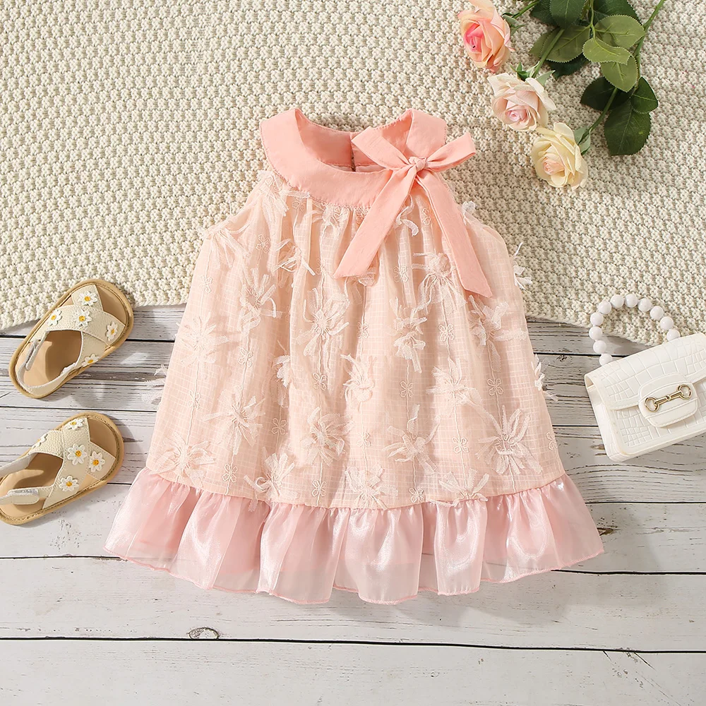 (0-3 Years Old) Summer Baby Girl Flower Patchwork Double-Layer Princess Dress For Girls Korean Version Collar Collar Beach Dress