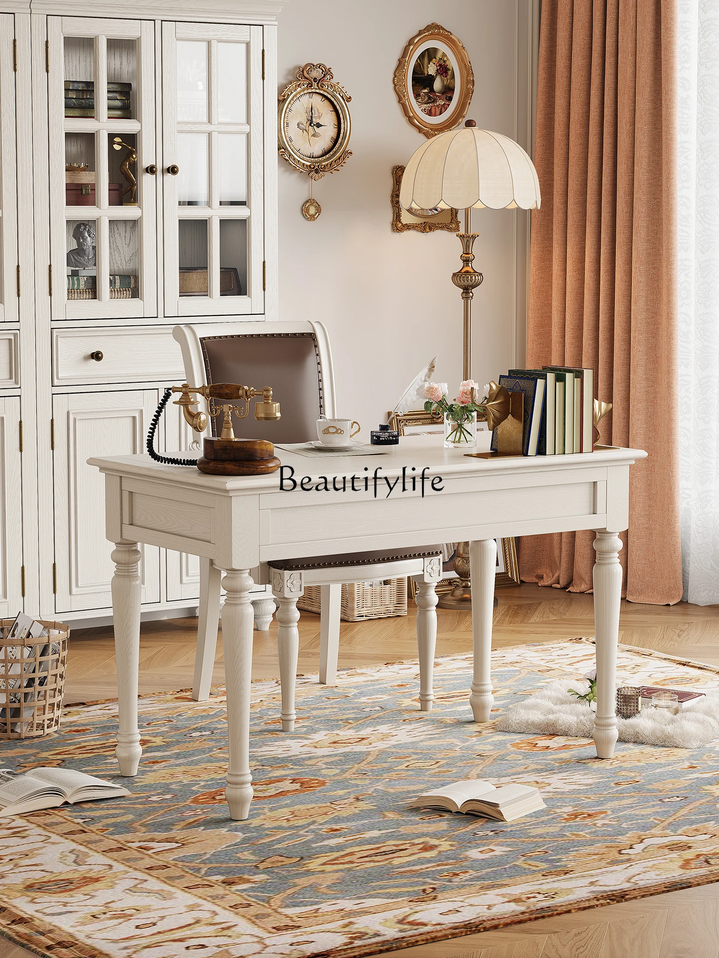 American-style White Solid Wood Desk and Chair Set for Home Study, Rectangular Writing Computer Desk
