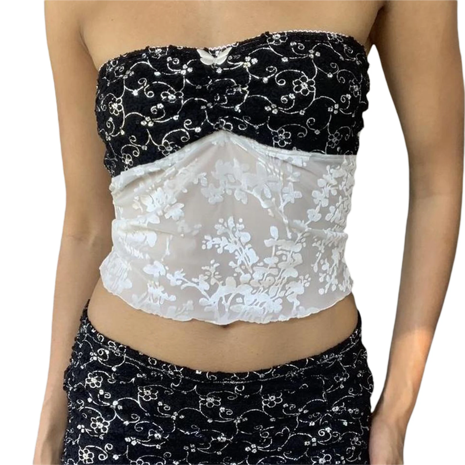 Mulheres Verão Roupas Contraste Cor Strapless Floral Bandeau e Stretch Praia Mini Saia Clubwear