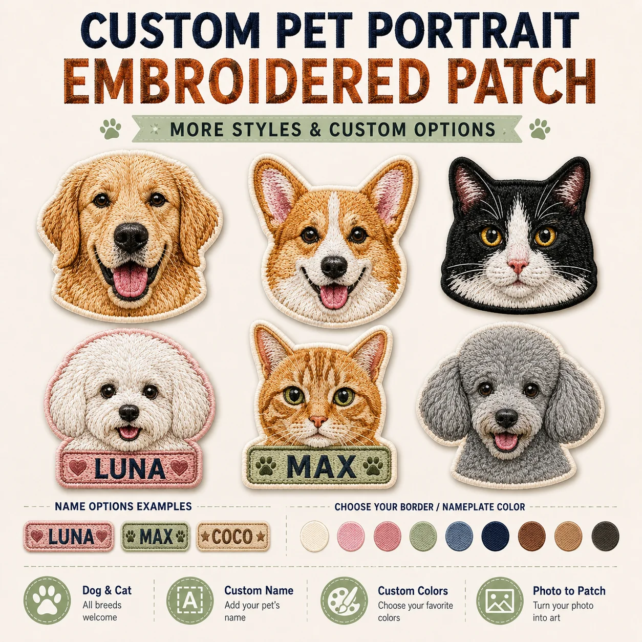 Custom Pet Portrait Embroidered Patches Personalized Dog Cat Photo Name Iron On Sew On Hook and Loop for Jackets Bags Hats Gifts