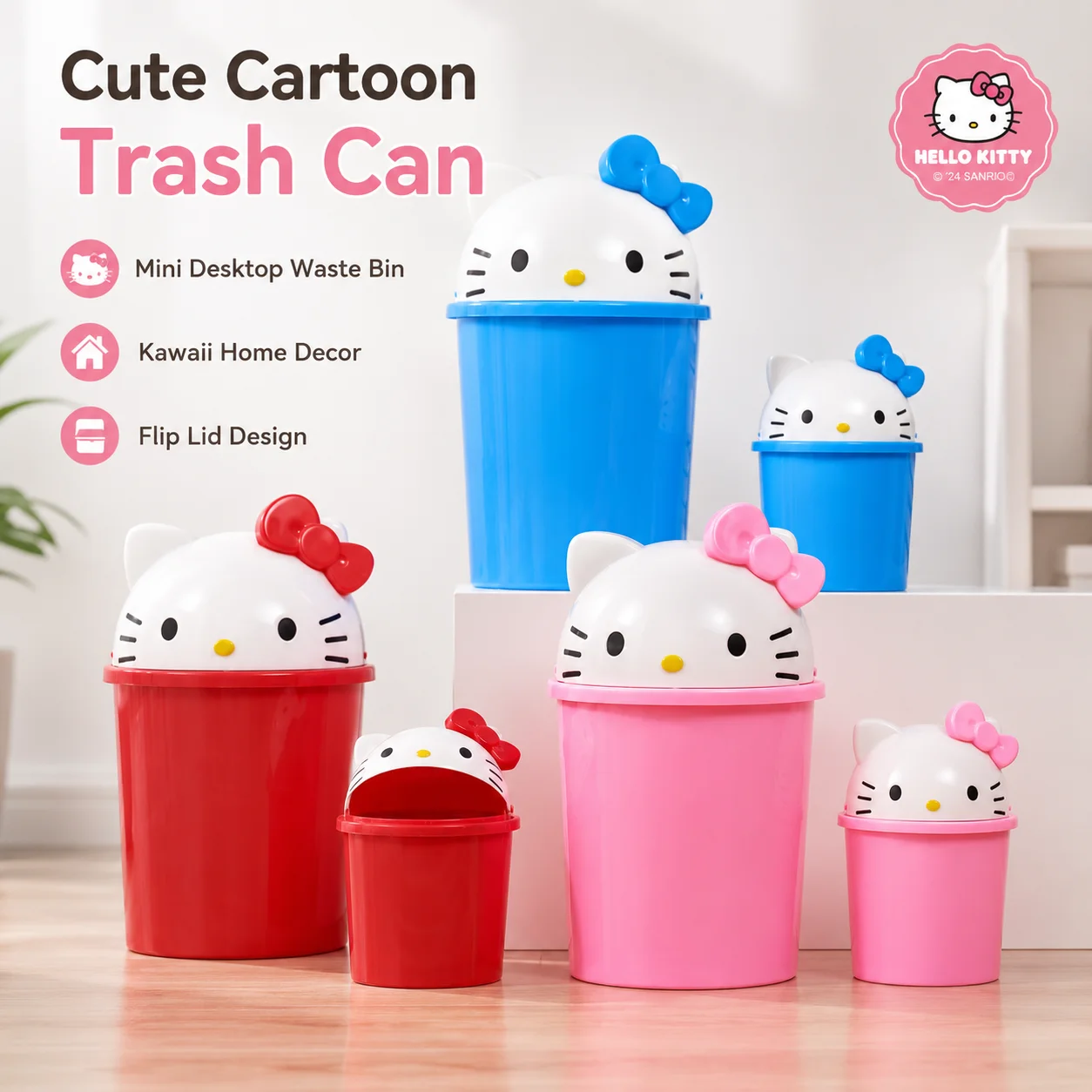 Sanrio Hello Kitty Mülleimer mit Deckel, Kawaii Cartoon Desktop-Abfalleimer, Mini 8L 10L, große Kapazität, niedlicher Kunststoff-Mülleimer