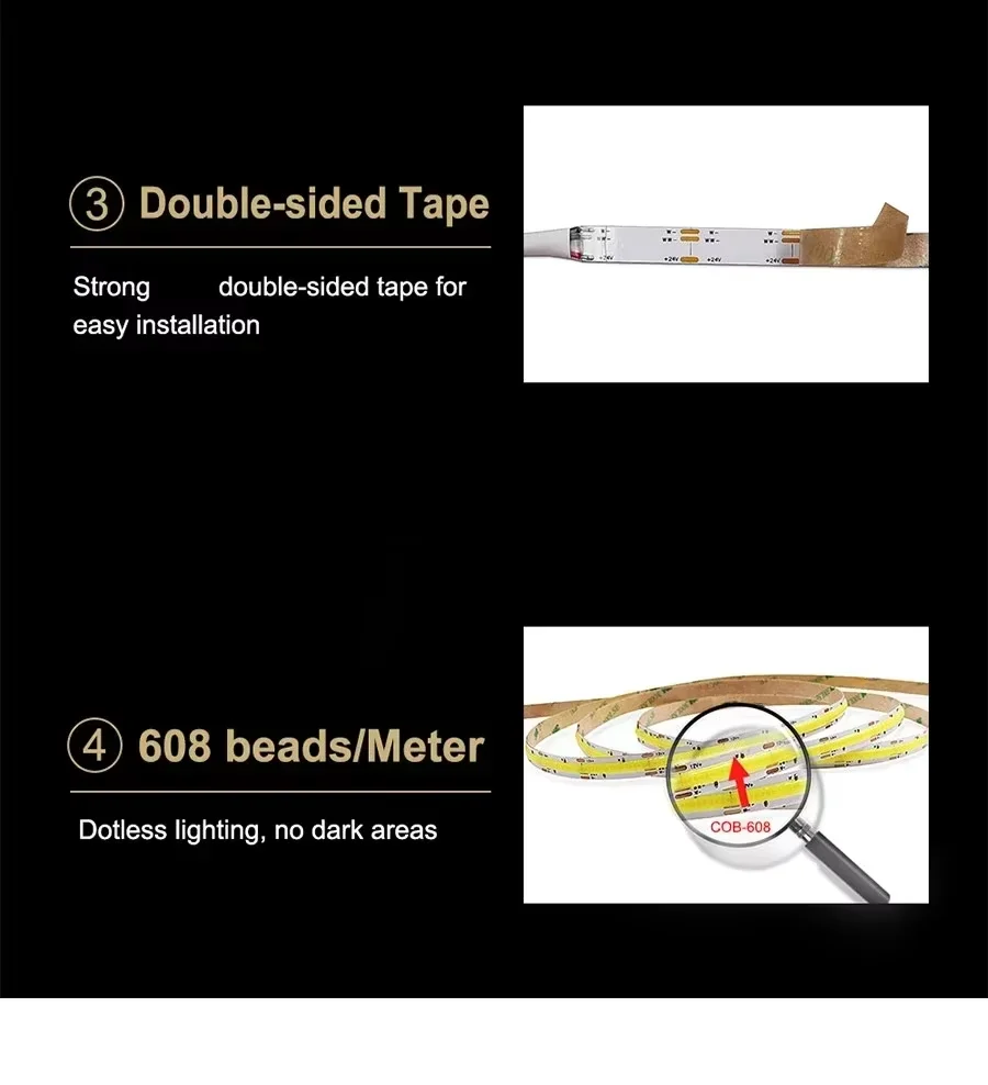 10M CCT COB LED Strip Light DC24V 608/624 Leds/m 2700K to 6500K Changeable Lighting High Density Flexible Dimmable FOB Led Tape