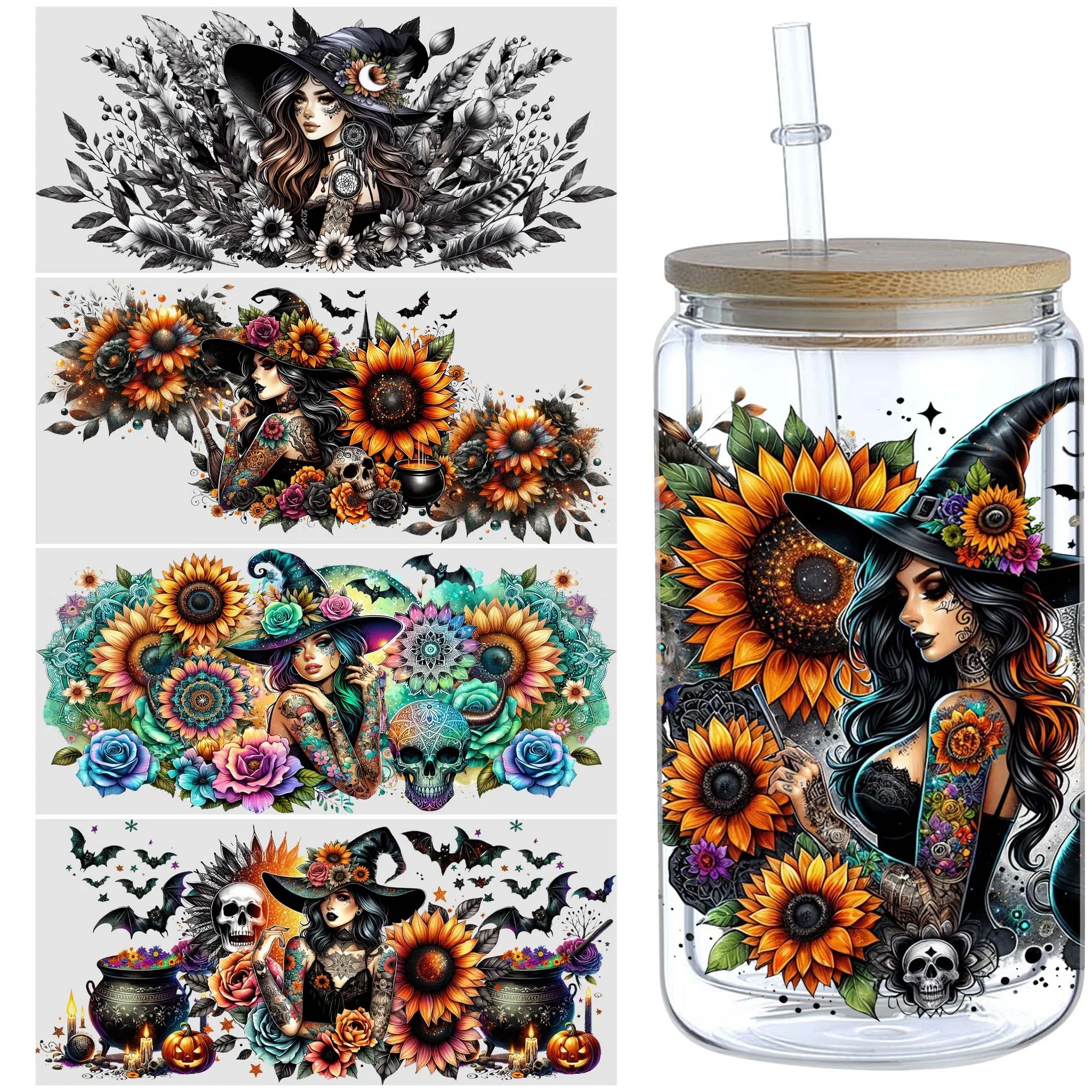 

5 листов Хэллоуин Ведьма УФ DTF Стеклянная чашка Переводные наклейки, Переводные наклейки DTF, Водонепроницаемая переносная пленка