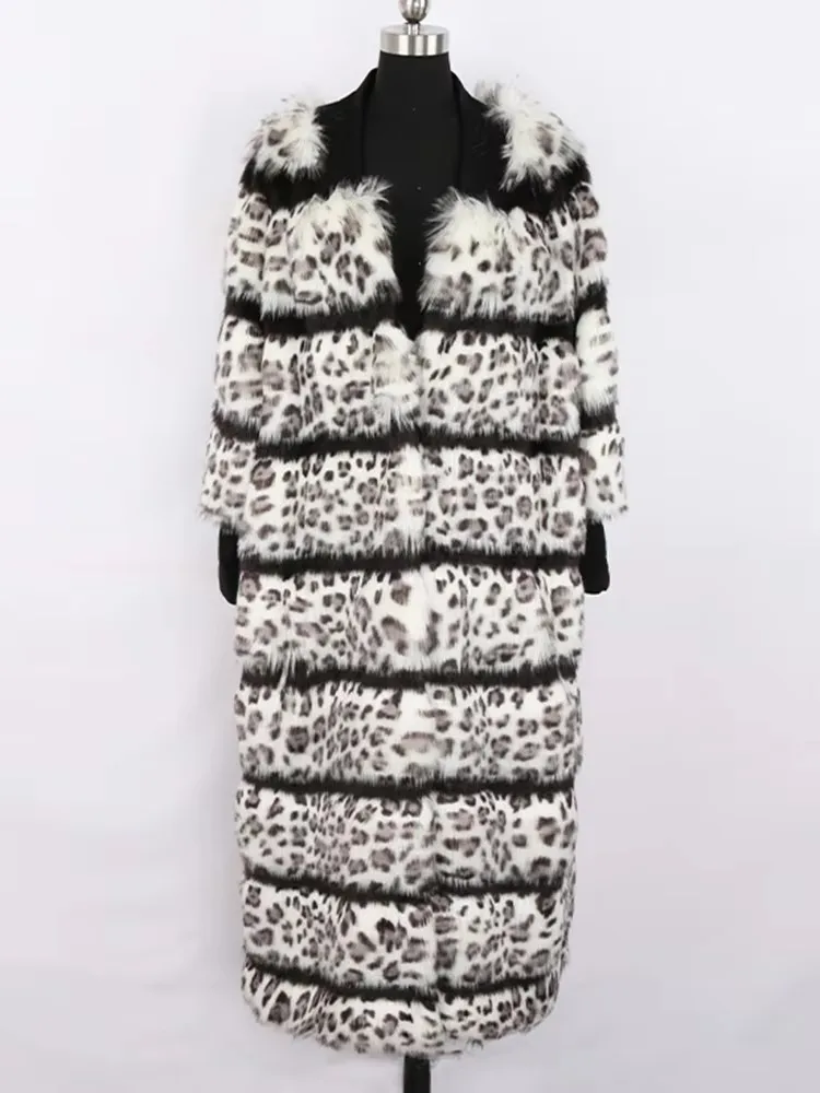 Nerazzurri 겨울 긴 줄무늬 따뜻한 다채로운 레오파드 인쇄 푹신한 털이 가짜 모피 코트 여성 브이 넥 느슨한 럭셔리 디자이너 의류
