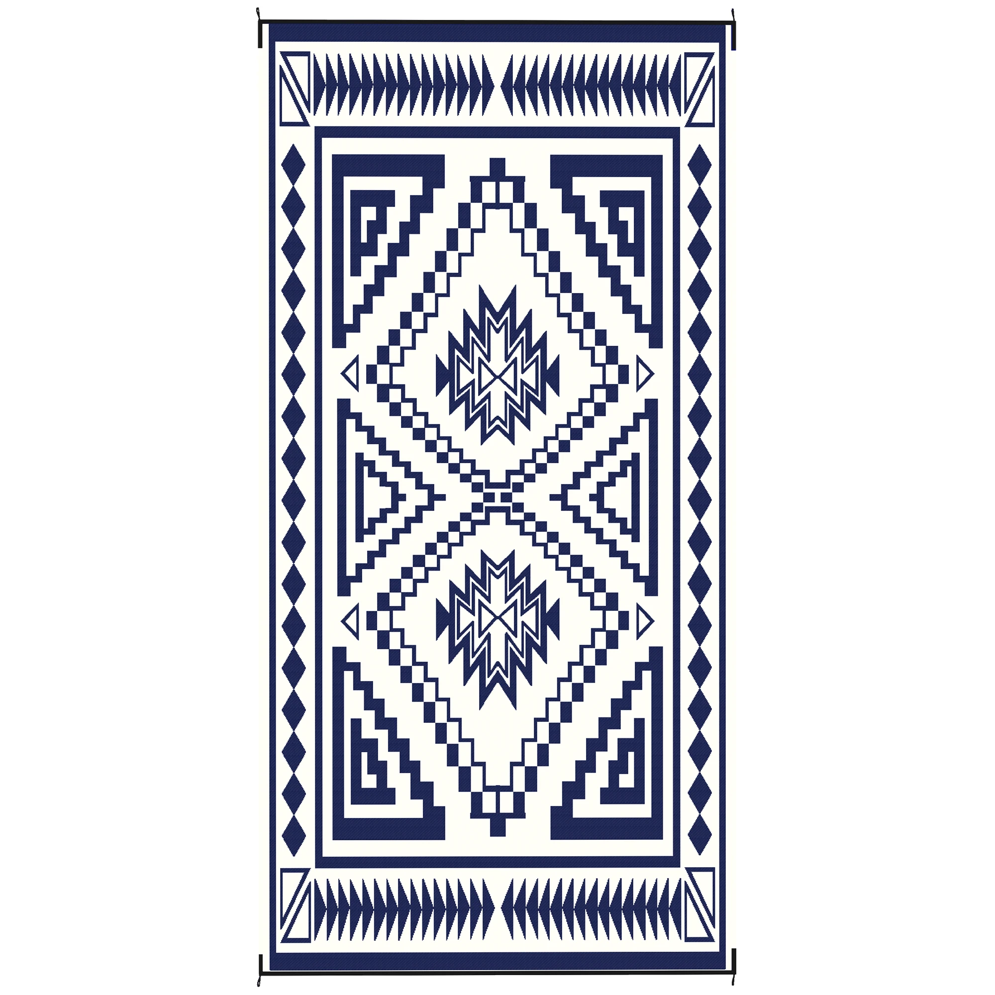 Reversible Outdoor Rug, Waterproof Plastic Straw with Carry Bag, 9' x 18', Blue & White Square Patchwork