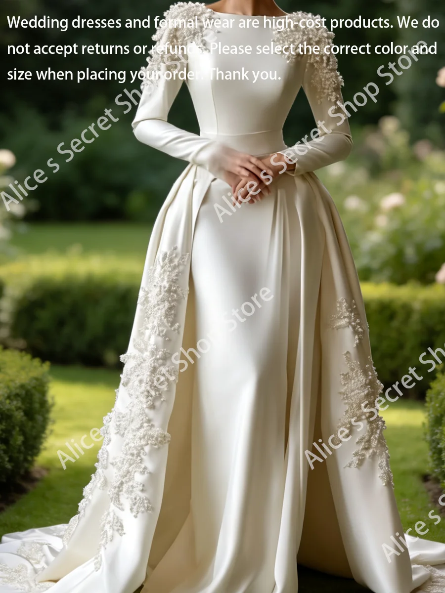 Luxury O-Neck Satin Full Sleeve Applique Straight Bride Wedding Dresses Bridal Gowns Customized