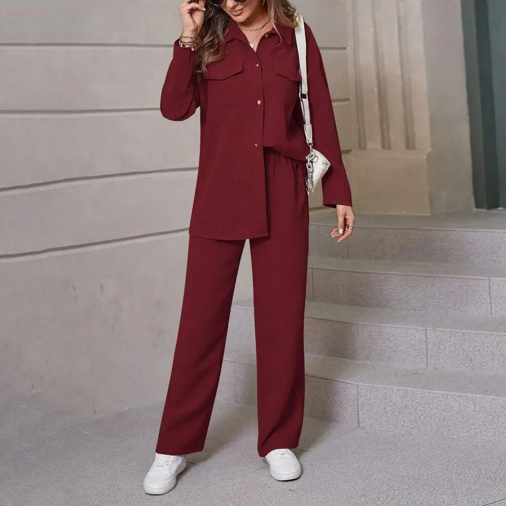 Single-breasted Long-sleeved Shirt Women Elastic Waist Pants Elegant Women's Shirt Pants Set with Lapel Button-down for Fall