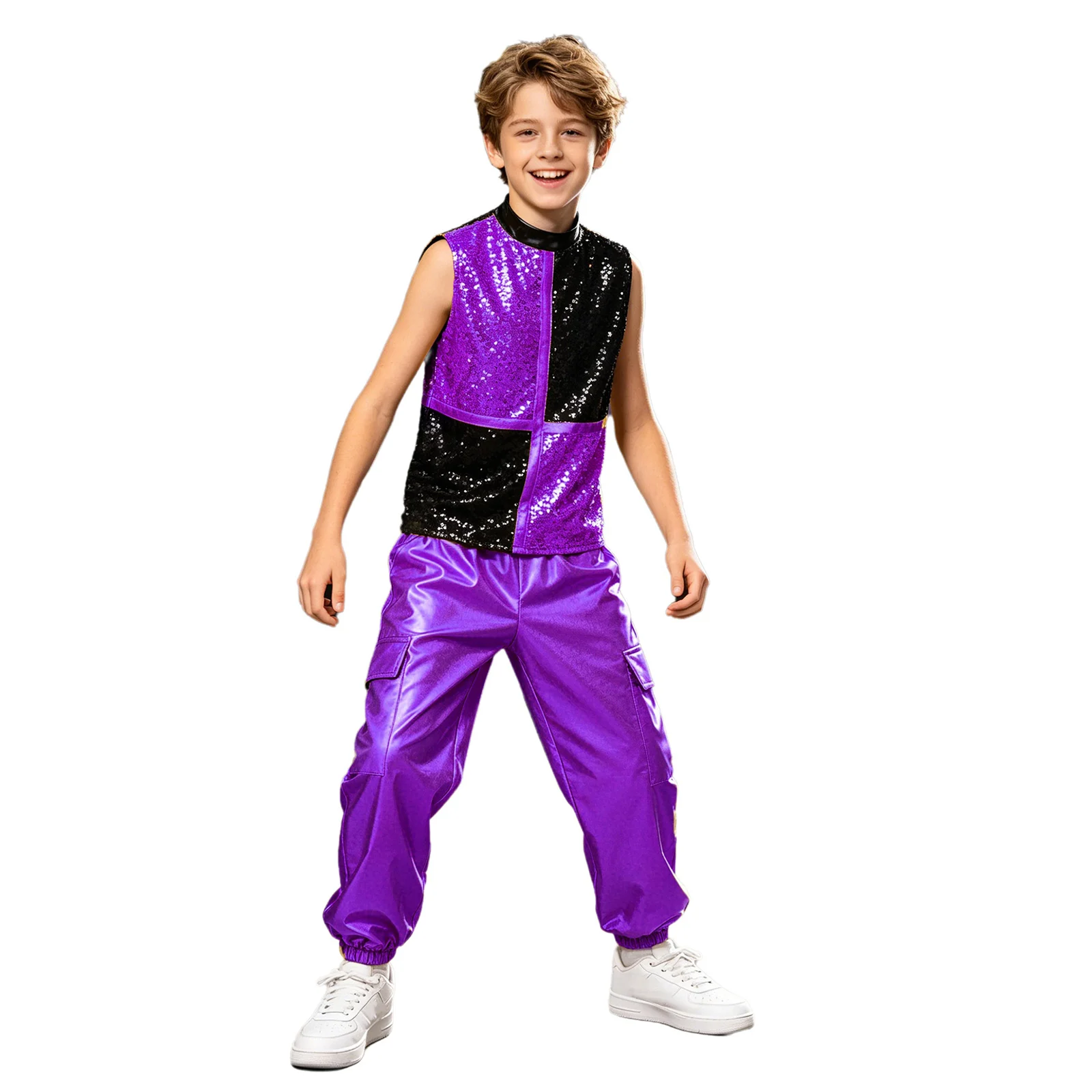 Kids Boys Shiny Metallic Street Modern Dance Costumes Dancing Hip Hop Jazz Outfit Sleeveless Sequins Zipper Vest And Cargo Pants