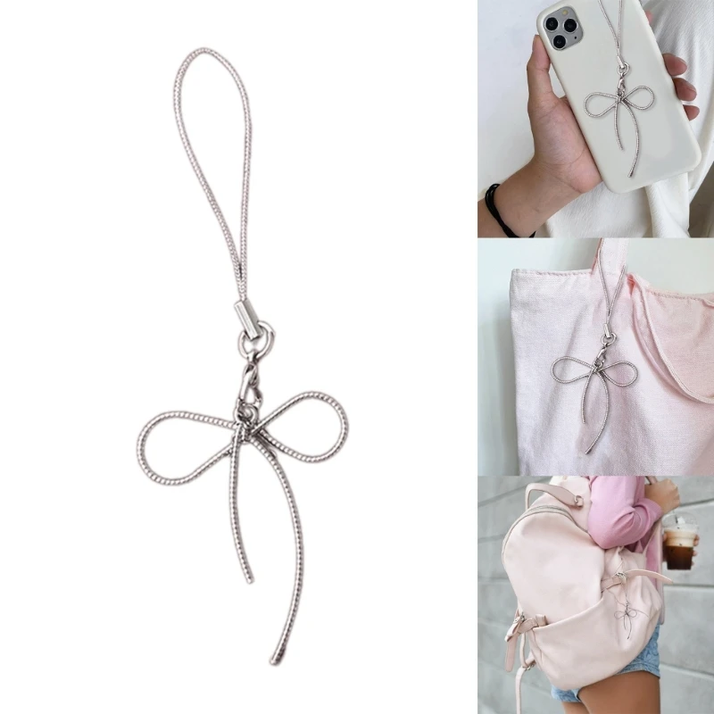 Simple Bowknot Phone Lanyard Wrist Strap Silver Color Butterfly Bow Phone Charm Antilost Cellphone Strap Hanging Rope