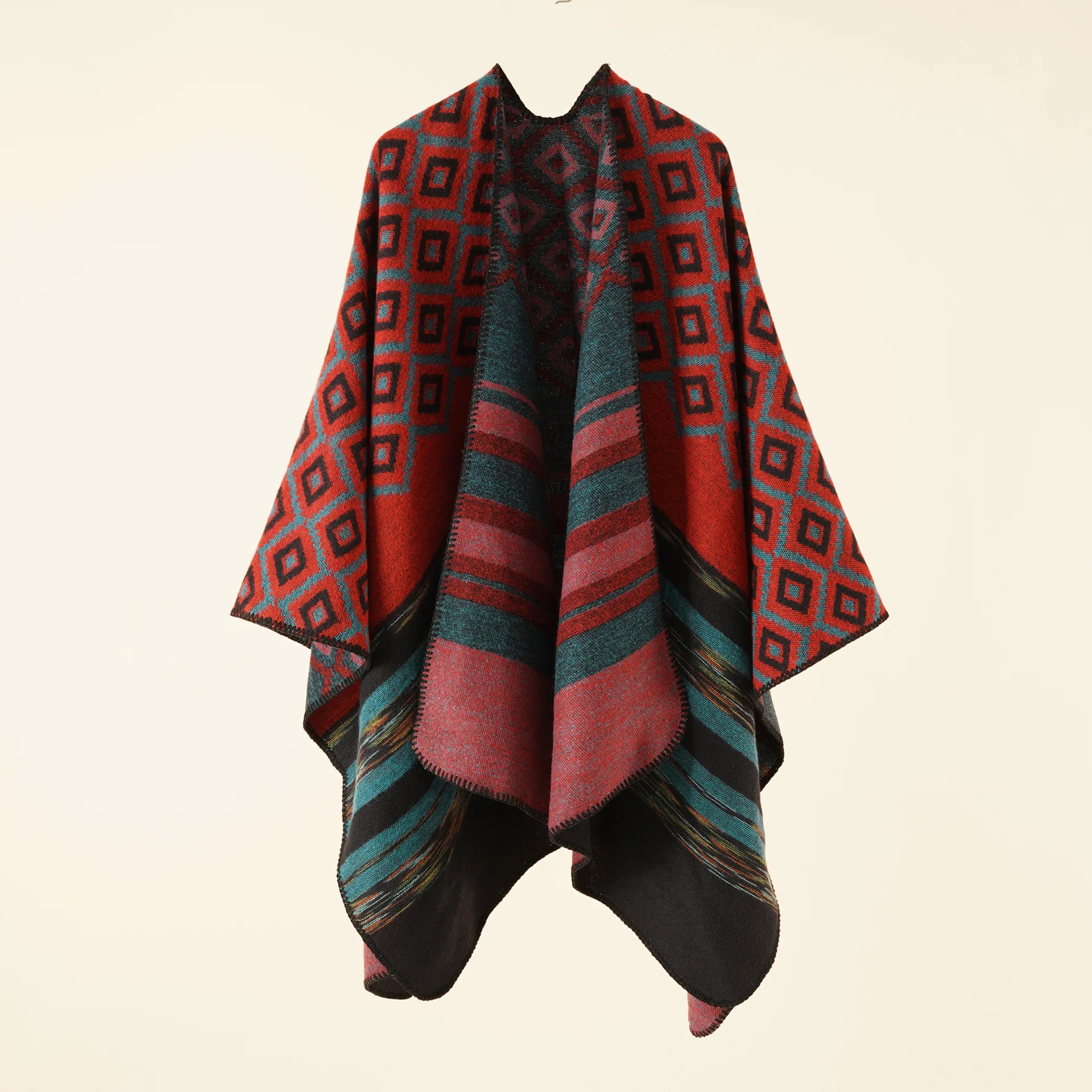 

2022 Autumn Winter New Geometric Stripe Pattern Imitation Cashmere Warm Casual Women Shawl Poncho Capes Lady Coat Wine Red