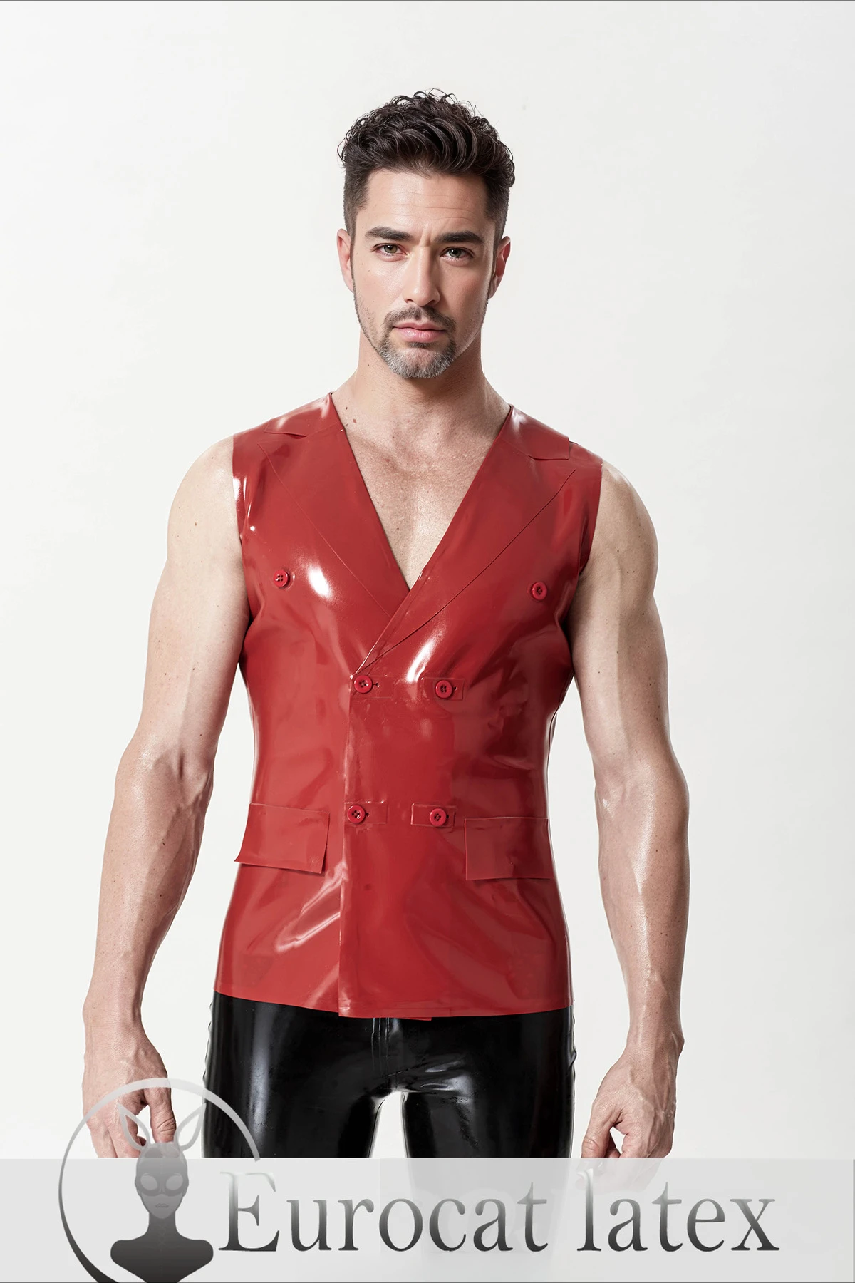 

rubber top men's red latex sleeveless vest double - breasted design with button details stylish look clubwear customized