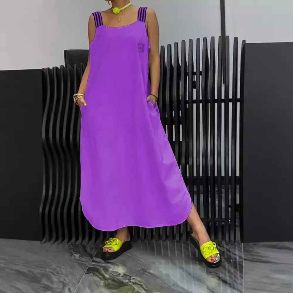 Verão sexy espaguete sem mangas midi vestido feminino nova moda casual solto cor pura bolso vestido longo das mulheres branco