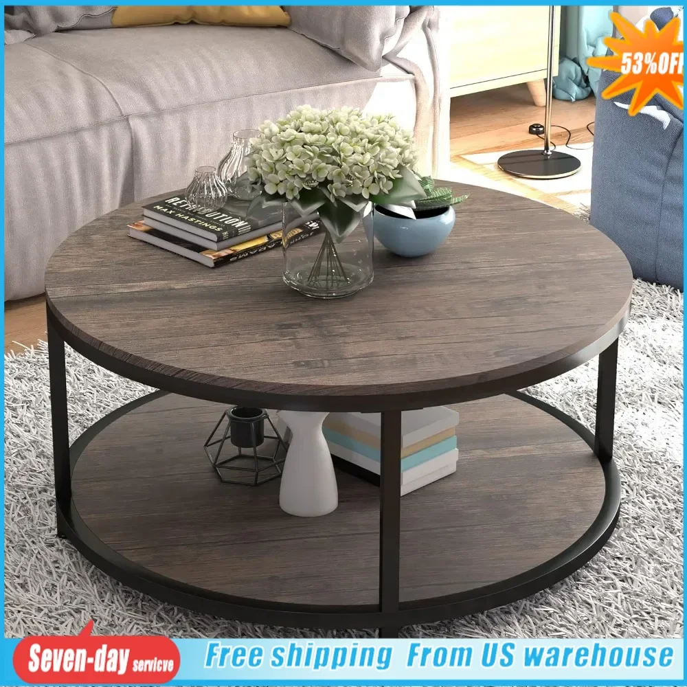 

36 Inch Living Room Coffee Table With Storage Shelves Center Tables for Living Room 2 Tiers Rustic Wood Table Top Café Furniture