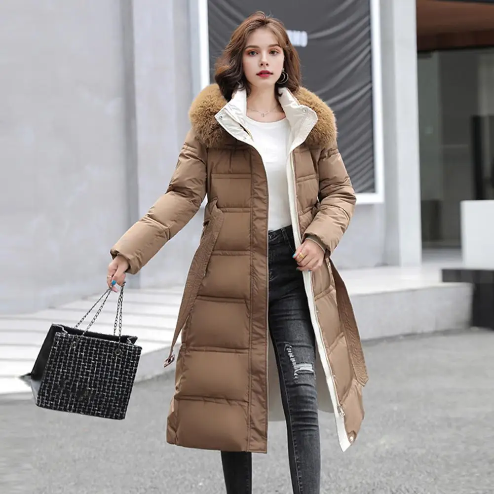 Winter Women Cotton Jacket with Hood Neck Mid calf Length Zipper Closure Coat Solid Color Windproof Outwear Parka