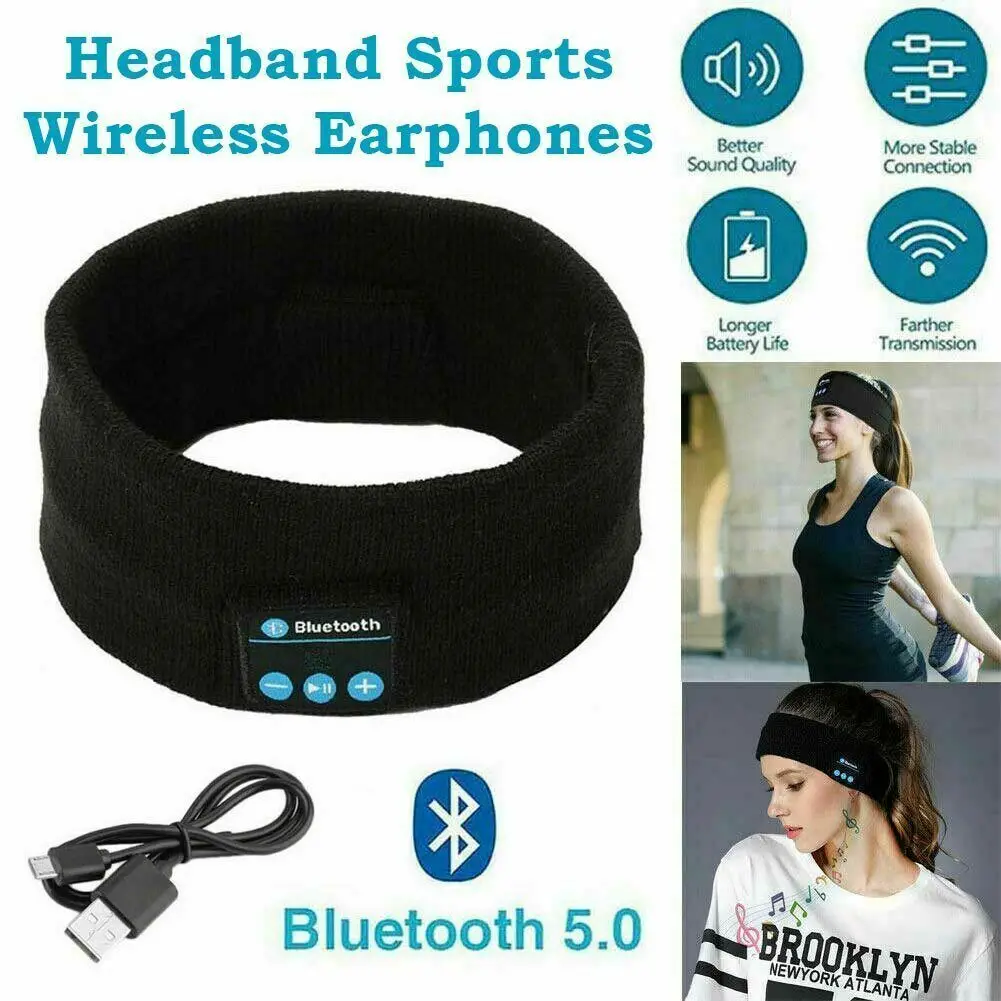 Wireless Stereo Bluetooth 5.0 Headphone Running Sleeping Earphone Headset Knit Sports Music Headband Eye Mask With MIC Long Life