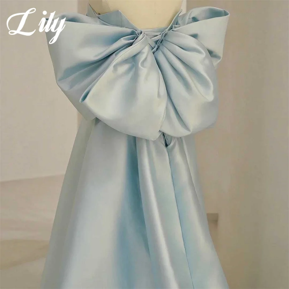 Lily Sky Blue Woman Evening Dress Gown A-Line Sexy Pleats Regular Sleeves Night Dresses Gown with Bow Custom robes de soirée