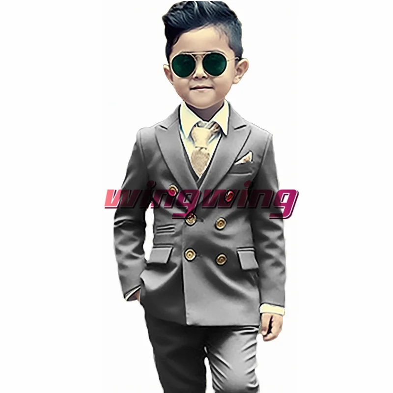 Green Boys Suit Wedding Two Piece Double Breasted Jacket Pants Fashion Gold Button Clothes Kids Blazer