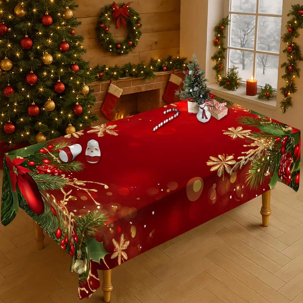 Christmas Rectangle Table Cloth Holly Pine Snowflake Tablecloth for New Year Party Holiday Christmas Table Decor Tablecloth