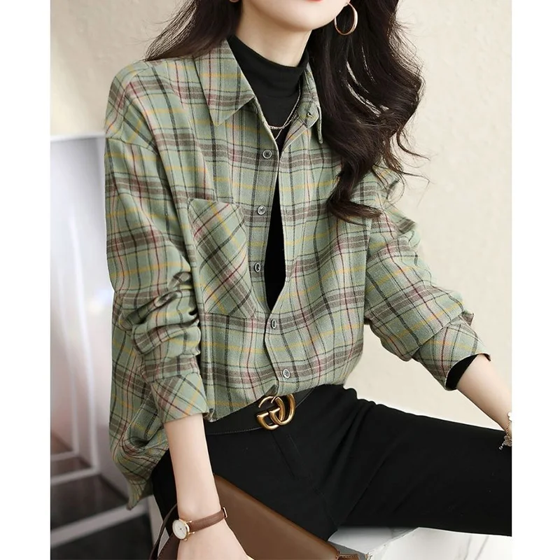 Brushed Plaid Shirt for Women Korean Polo-Neck Pockets Patchwork Single Breasted Women\'s Spring Autumn Retro Long Sleeve Shirt