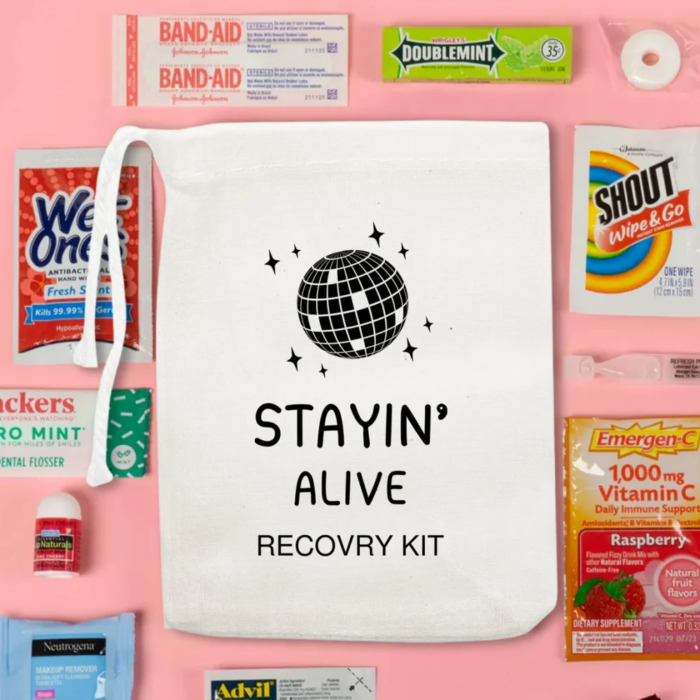 25 pcs Stayin' Alive Hangover Recovery Kit,Retro Staying alive recovery kit, Bachelorette Party Favor Bags, Bachelorette Bag