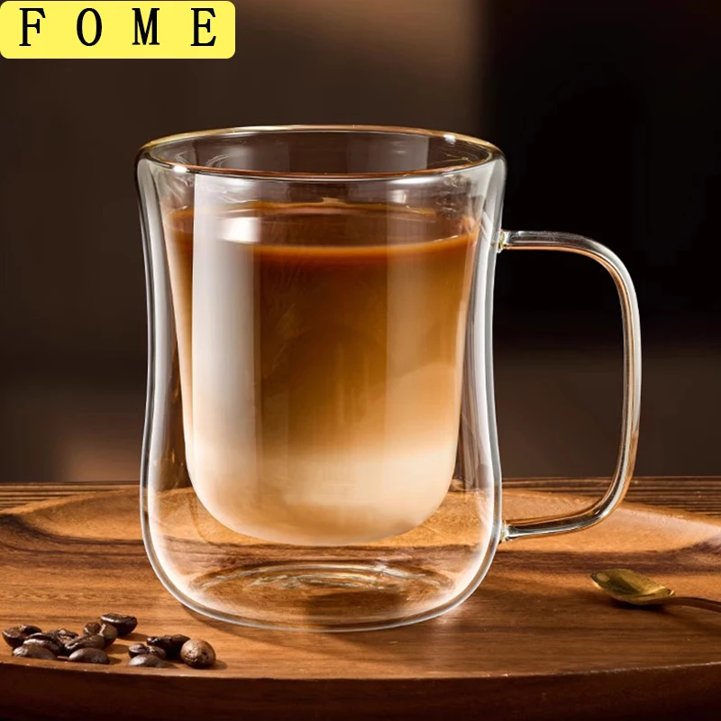 FOME 1/2/4pcs Double Wall Glass Coffee Cups Clear Espresso Mug With Handle For Hot Cold Beverage Milk Juice Teacup Drinkware Set