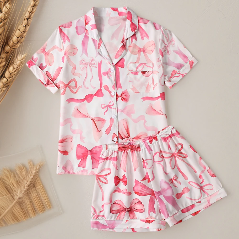 Women Pink Bow Printed Pajama Set Soft Short Sleeve Lapel Collar Tops & Elastic Waist Shorts Sleepwear Loungewear Nightwear