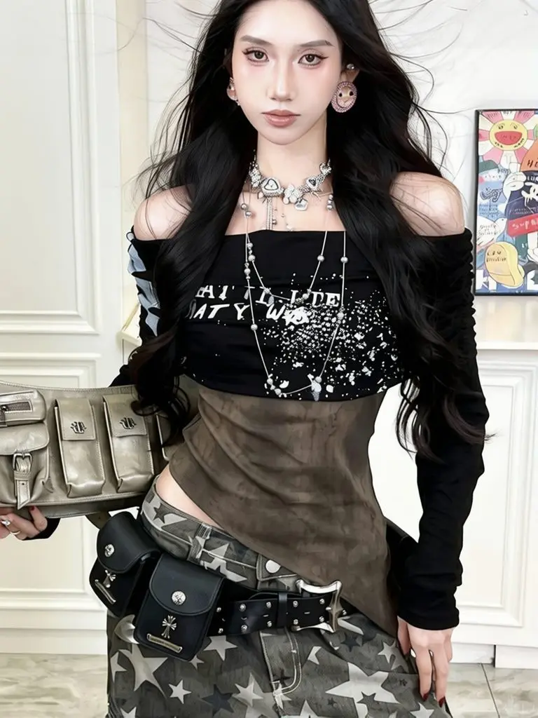 2000s Y2k Tops Vintage Sexy Patchwork Off Shoulder T Shirt Women Fake Two-piece Ong Sleeve T Shirt Dark Graphic Basic Tee