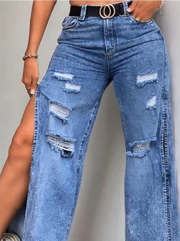 Summer Women's Fashionable Side Slit Jeans European and American Loose Hole Wide Leg Pants Casual Versatile Solid Color Pants