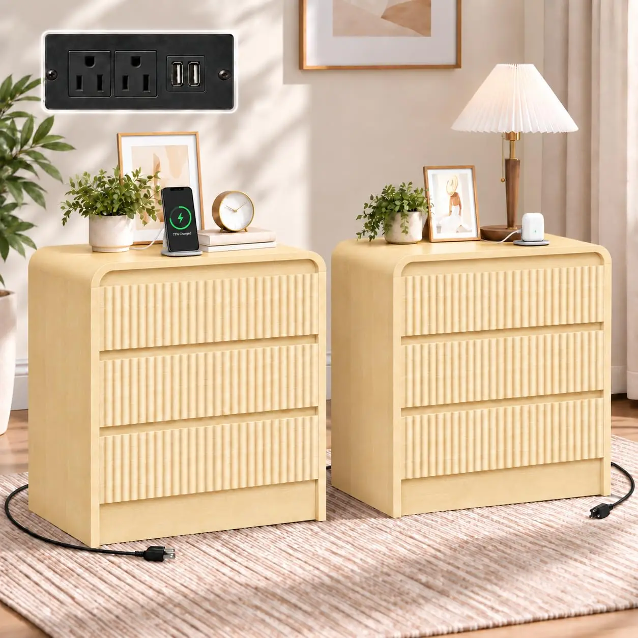 Fluted 3-Drawer Bedside Table with USB & AC Charging Station – Modern Wood Bedside Table with Curved Waterfall Design for Small Spaces, Dorm or Apartment – Three-Ply Natural Wood Color