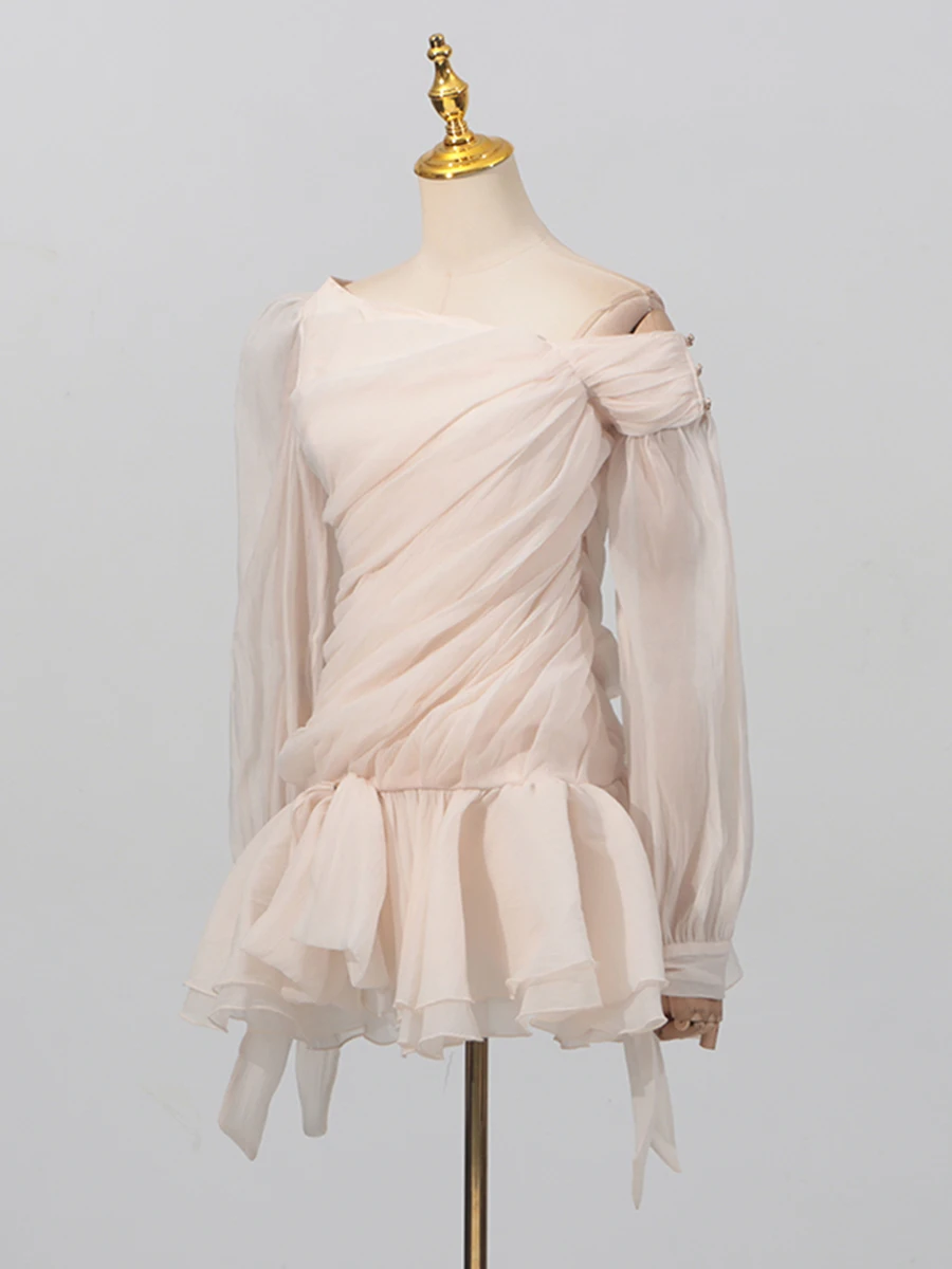 VGH 핫스윗 스플라이스 시스루 메쉬 드레스 (여성용) - 숏팬츠 포함, 사선 칼라, 긴팔, 패치워크, 리본 퍼프 드레스, 봄