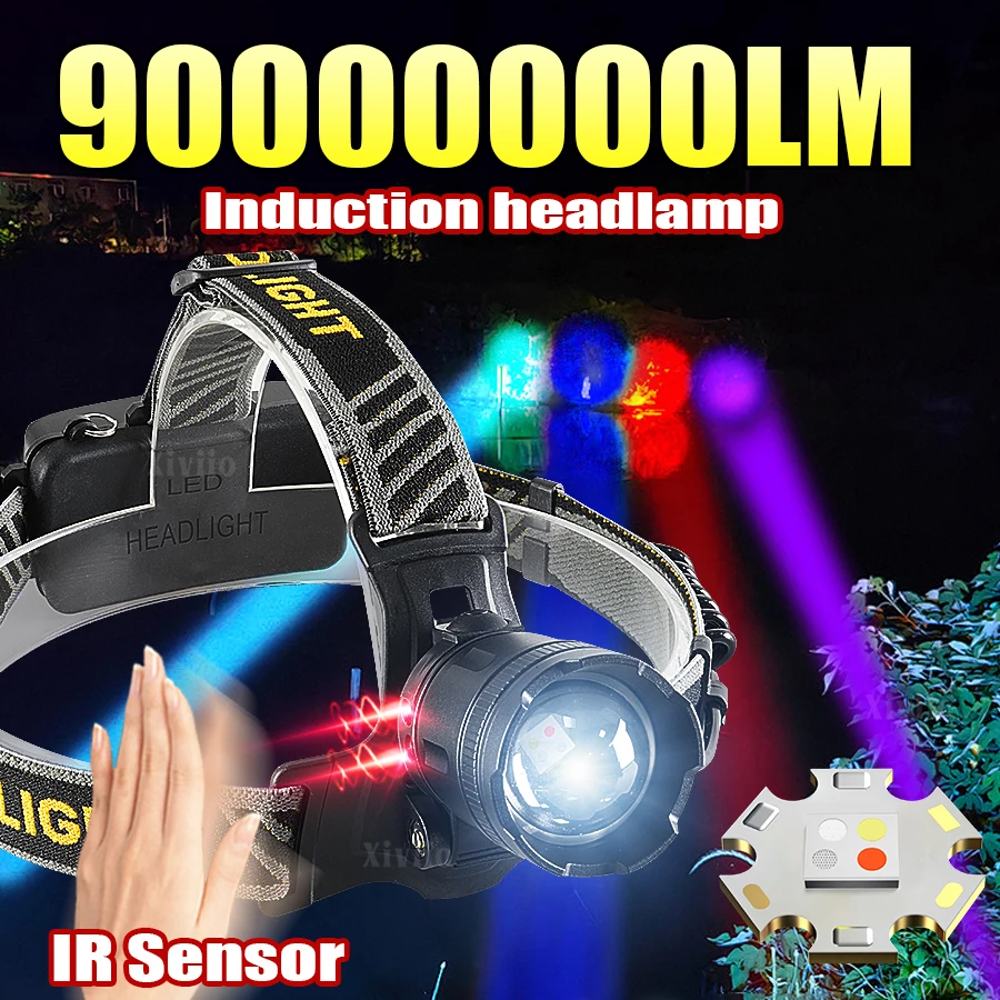 9000000LM Powerful Headlamp Tpye-c Rechargeable Headlight Flashlight 4 Color Sources 4LED Head Lamp Camping Fishing Head Lantern