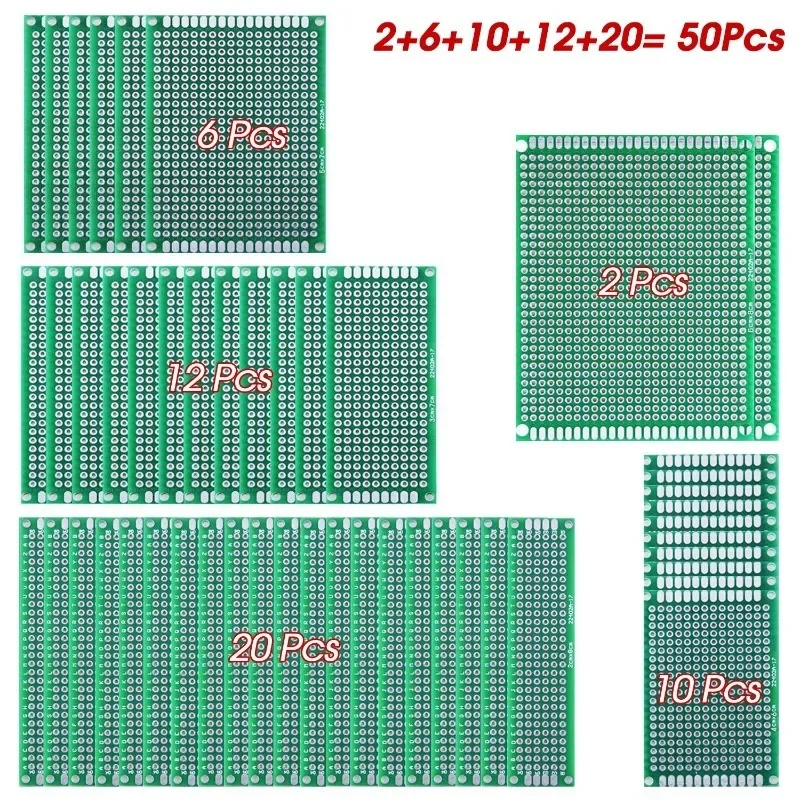 50Pcs Double Sided PCB Board Prototype Kit 2X8 3X7 4X6 5X7 6X8CM，Universal Printed Circuit Board for DIY Electronic Project