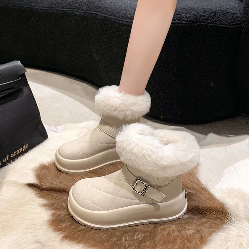 Women's Ankle Boots Winter Velvet Thickened Boots Ground Boots Round Toe Mid-heel Pu Solid Color Casual Fashion Women's Shoes