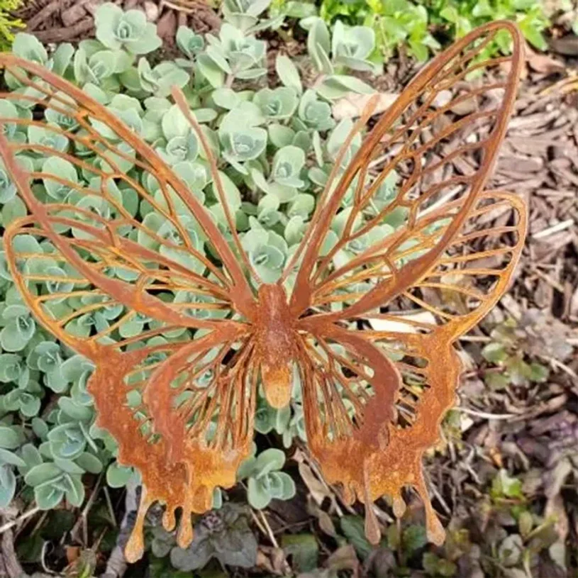Butterfly Garden Sculpture Rustic Outdoor Indoor Open Wing Design Sturdy Metal Structure Suitable for Yard Art Deco Holiday