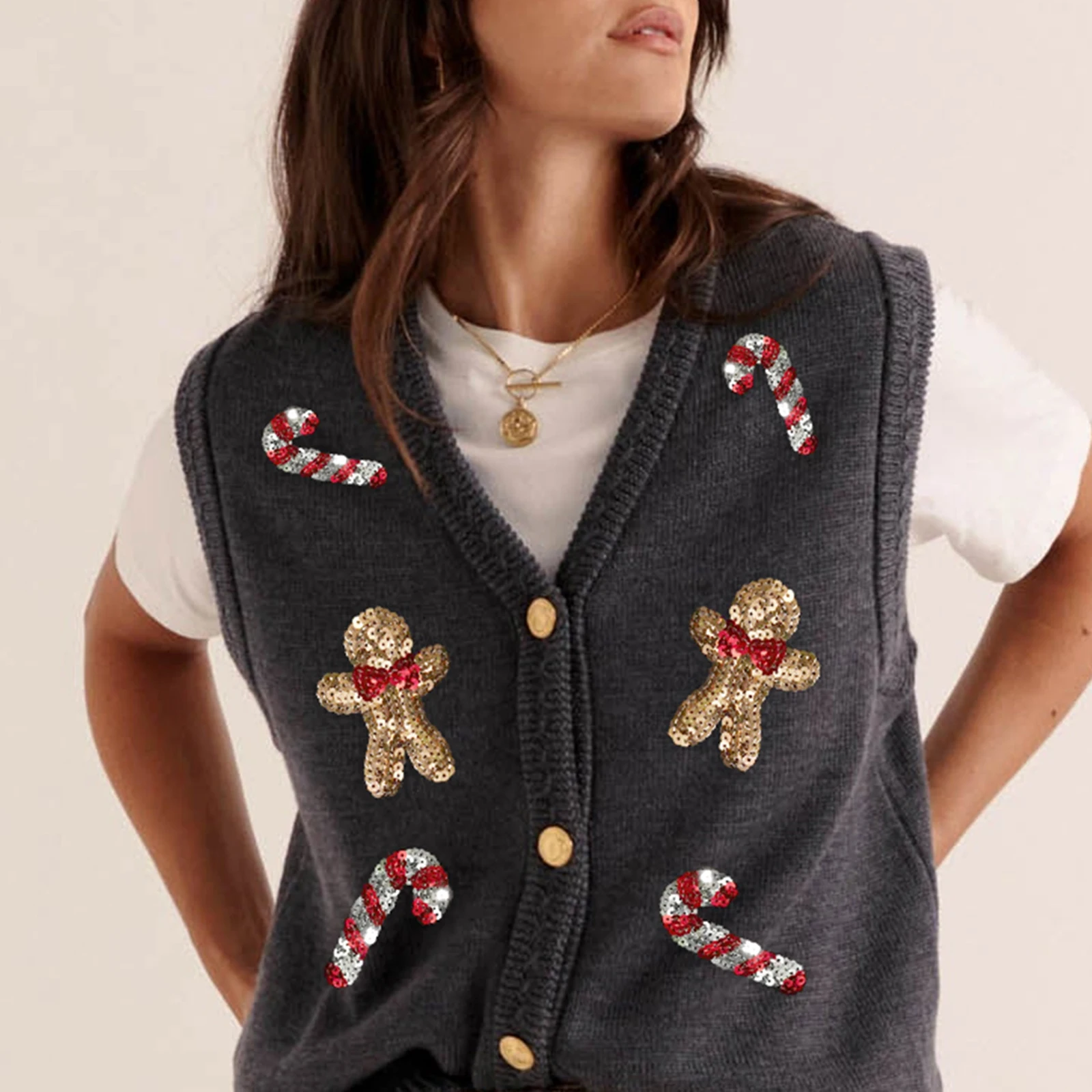 Christmas Essential Clothes Women’s V Neck Knit Vest Christmas Sleeveless Sequin Embroidery Button Tank Tops Sweater Vest
