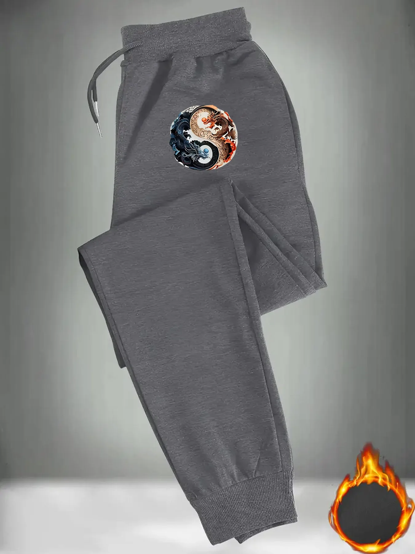 Men Winter Fleece Lined Jogger Pants Oriental Tai Chi Yin Yang Dragon Graphic Print Elastic Drawstring Casual Sweatpants Street
