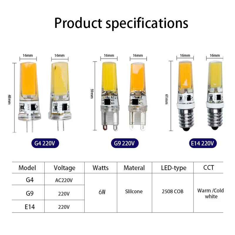 Imagem -03 - Lâmpada Led de Halogênio Lâmpada Cob Spotlight Chandelier Iluminação Substituir g4 g9 E14 3w 6w ac dc 12v 220v 30w 60w Lote 10 Peças