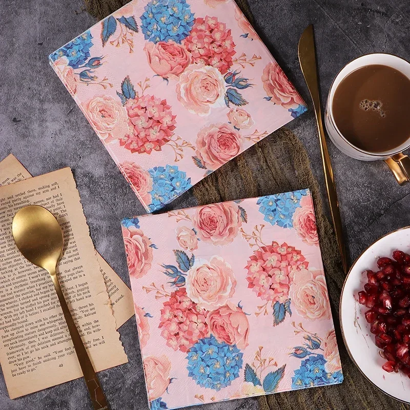 

Household Colored Napkins Printed Paper Napkins Pink Hydrangea Printed Pure Wood Pulp Paper Party Paper Placemats 20pcs/pac 33cm