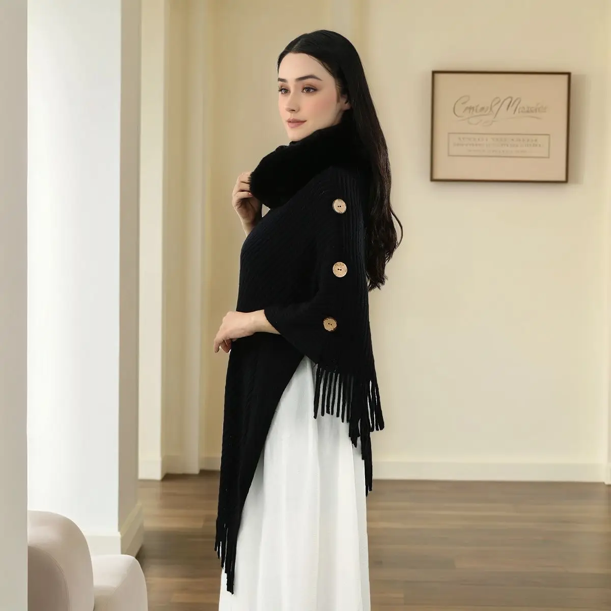 Selendang Rajut Musim Dingin Baru, Selendang Cape Fashion Wanita Hitam Putih, Ponco Tebal, Syal Mewah, Jubah Wanita, Cape Stole