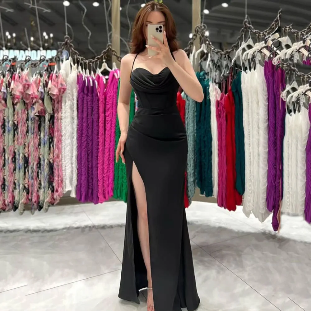 

Customized Black Sweet Heart Jersey High Split Evening Dress Sexy Backless Lace-up Party Prom Gown Floor Length Dress for Women