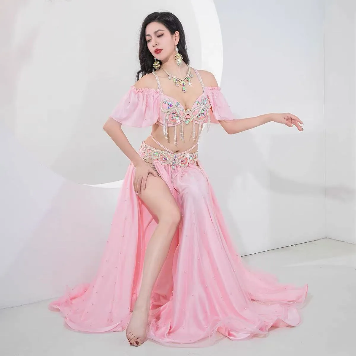 Dames Toneelvoorstelling Luxe Buikdansen Egyptische kostuums Oosterse stijl Strass BH, Chiffon Rok Buikdans 3st